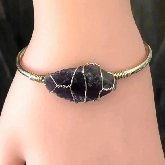14k Gold Plated Real Amethyst Stone Cuff Bracelet NWT